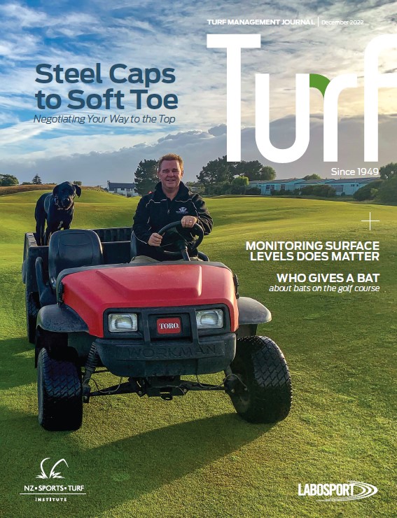 Turf Management Journal Cover showing a drone image of a golf course.